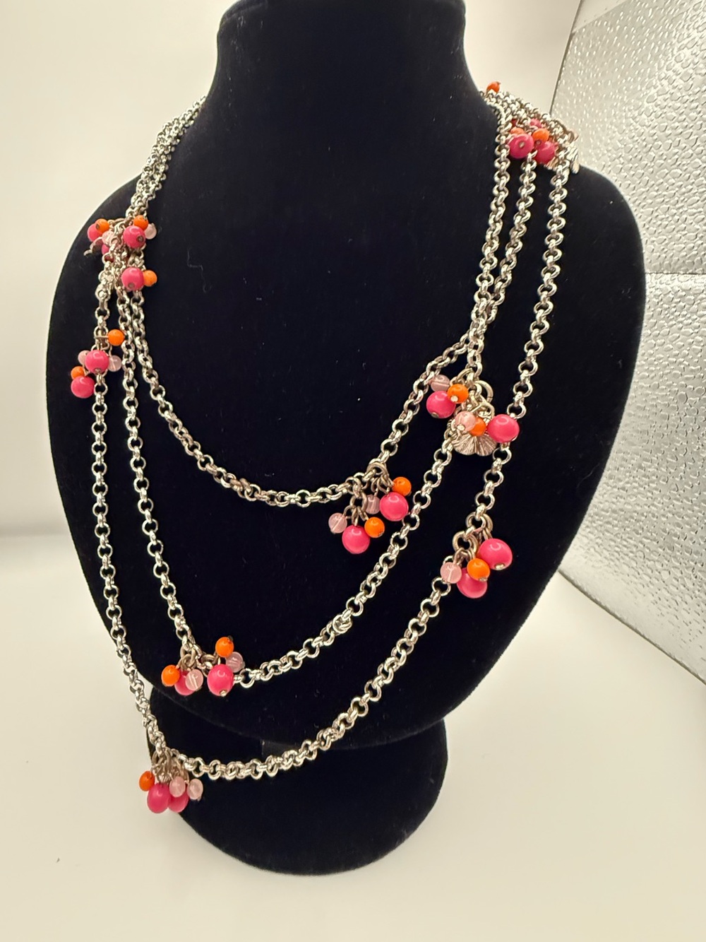 Multi-strand long  Pink & Orange Bead station Necklace